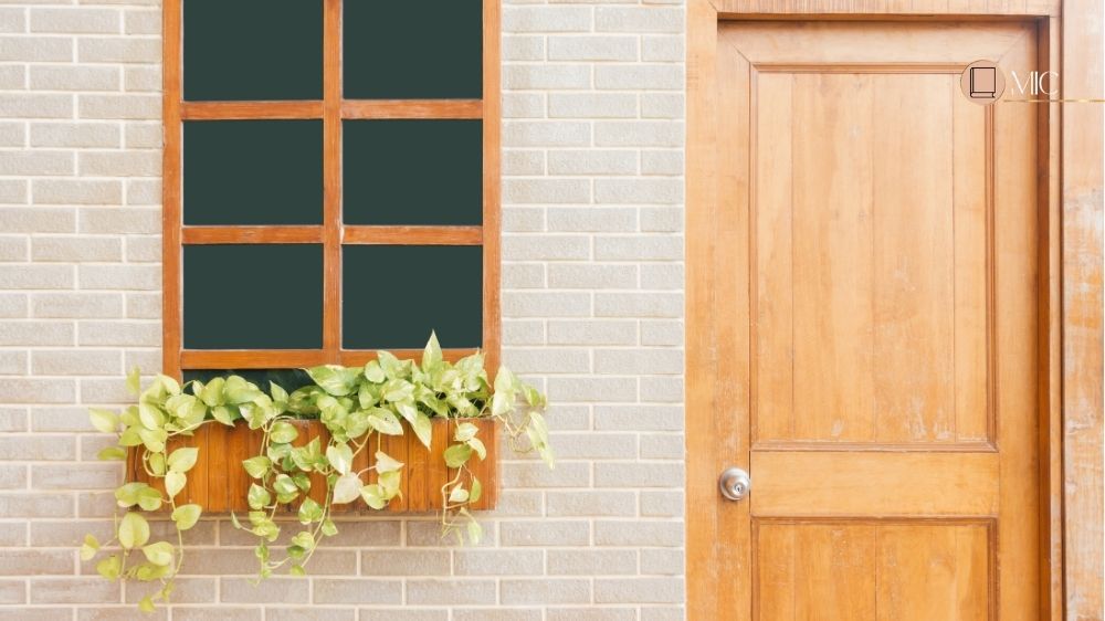 porta de madeira e janela com plantas na lateral direita