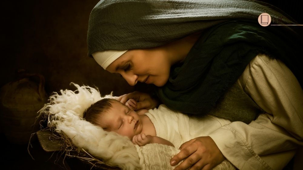 Maria com Jesus na manjedoura - Mães da Bíblia